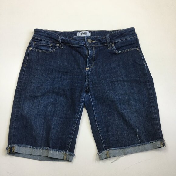 PAIGE Dark/Medium Wash Cuffed Raw Edge Hem 5 Pocket Logo Hardware Denim Shorts - Picture 1 of 9
